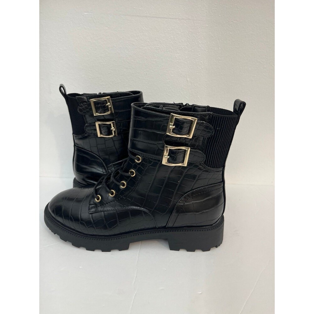 ShoeDazzle Javina Women Black  7 Croc Combat Boots Gold Buckle Lace Up Lug Sole